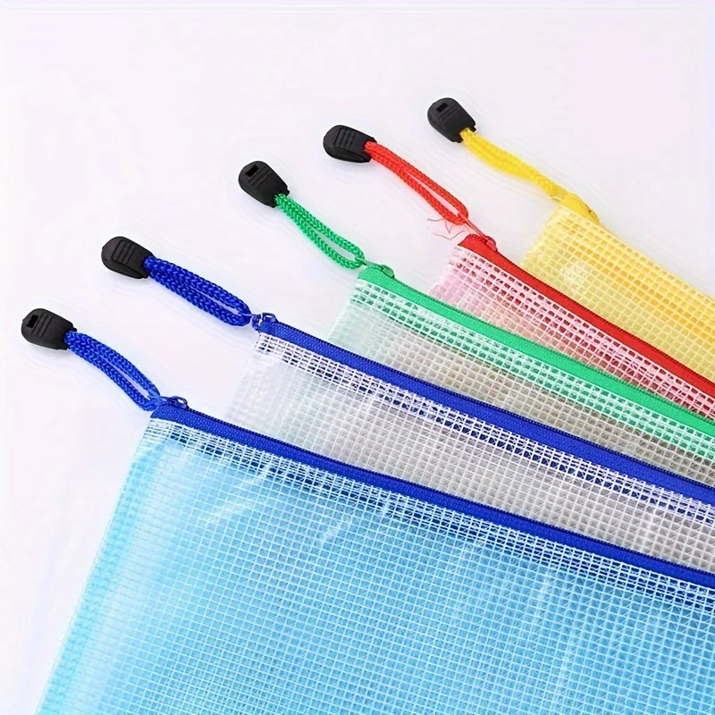 3Pcs A3 PVC Mesh Zipper File Bag,Transparent Large Capacity Art Drawing Storage Pouch,Colored Mesh Design,Random Color Office Do view 5