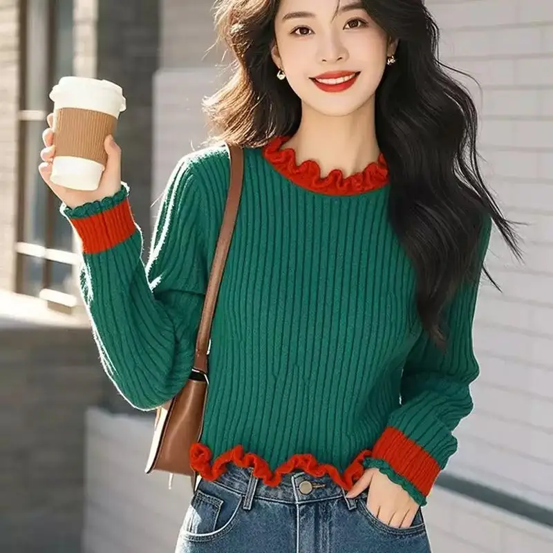 

Сращенный цветной свитер с круглым вырезом, свитер с длинными рукавами, новинка 2025, ленивые зимние топы для женщин, дизайн