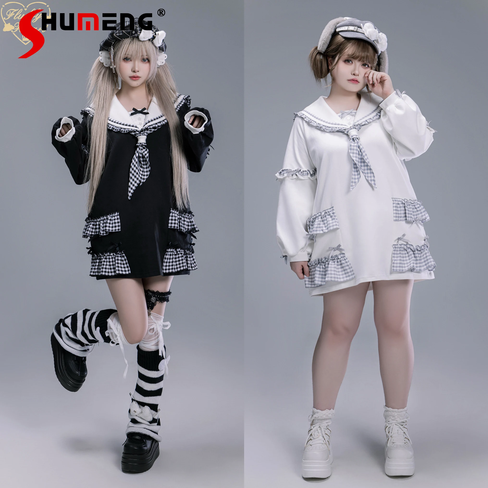 

Fluffy Heart Original Japanese Style Cute Girl Sweatshirt Plaid Patchwork Bow Navy Collar Loose Sweet Pullovers for Women Autumn