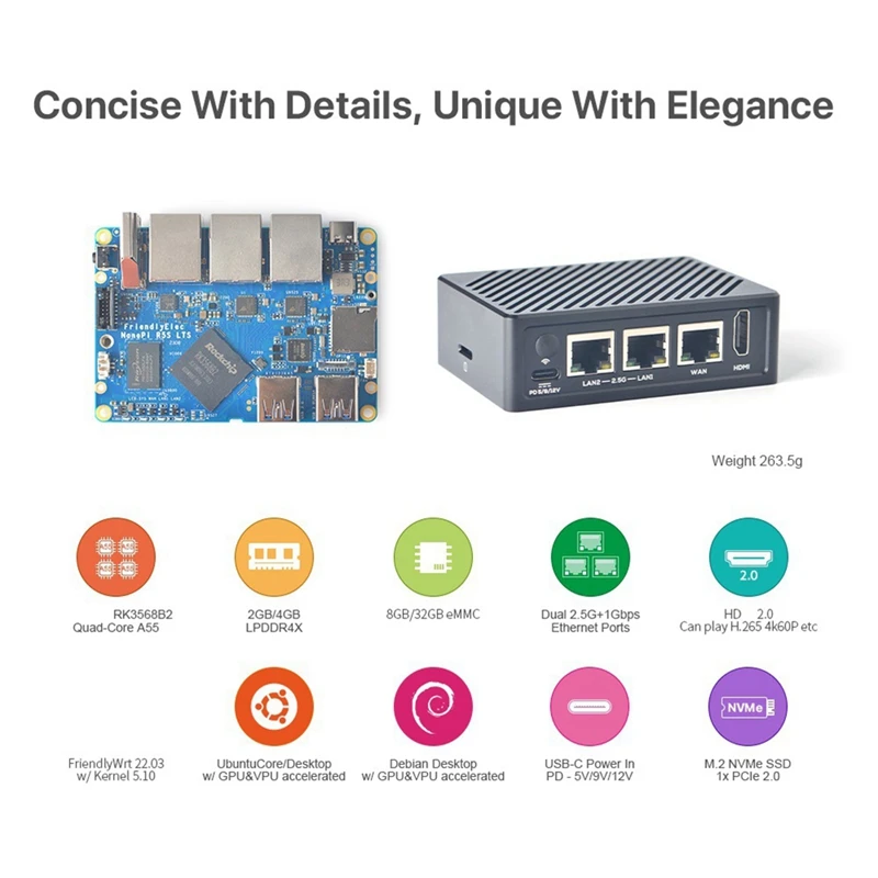 For Nanopi R5S LTS Router 4G+32G RK3568 Development Board Openwrt -Compatible Dual 2.5G Gigabit Network Router