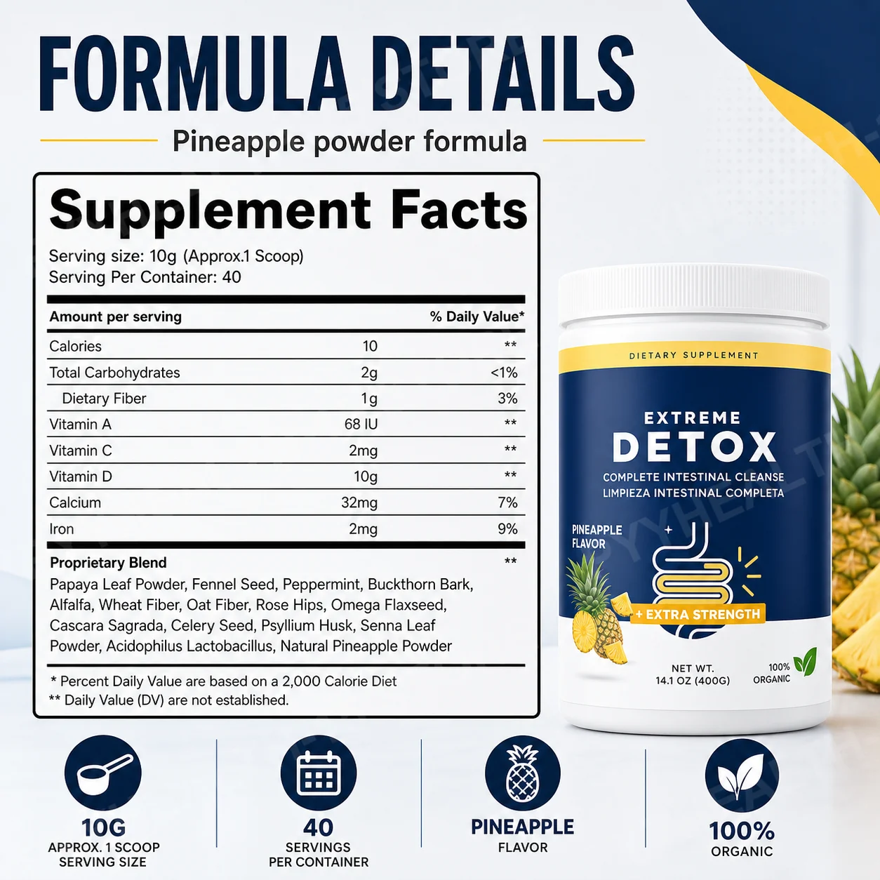 Pineapple Psyllium Fiber Powder Drink Mix Oat Fiber Flaxseed Papaya Botanical Blend Daily Gut Wellness Adults 400g 40 Servings