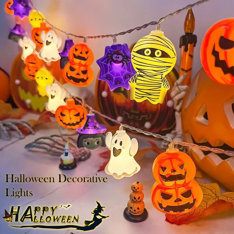 10/20 LED Halloween String Lights Battery Powered ,With Ghost Witch Cat Pumpkin Spider Web Skeleton Mummy Pirate Shape Indoor