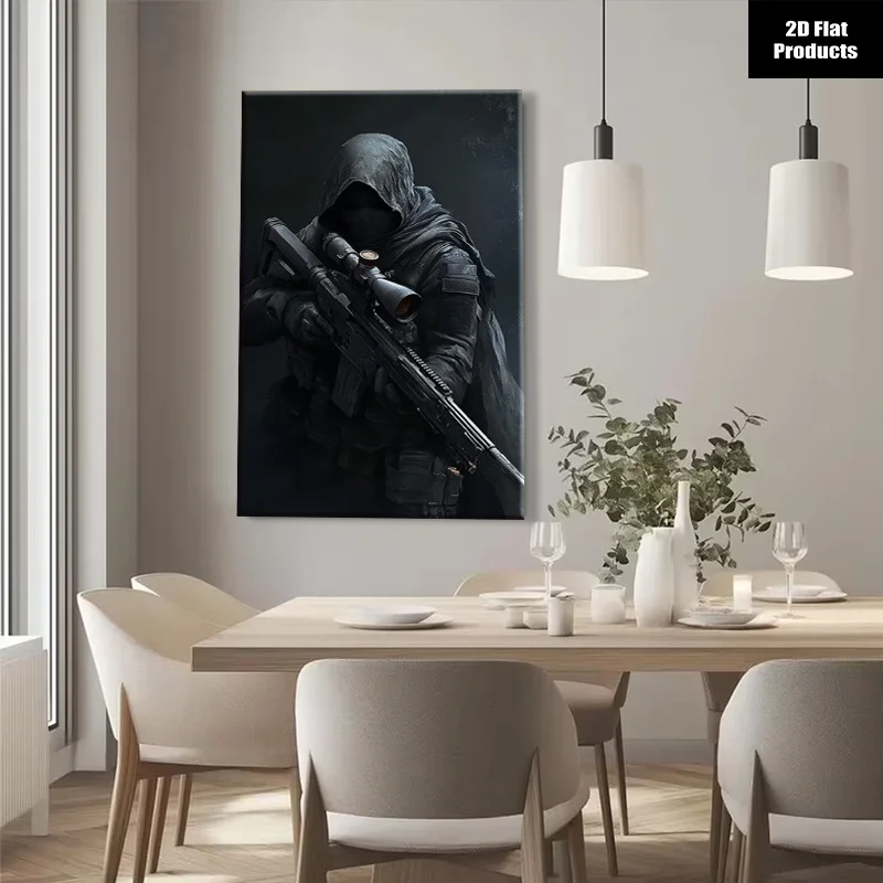 (No frame)2D Flat, 1pc Sniper Themed Canvas Wall Art Modern Home Decor Black and Grey Military Figure Framed