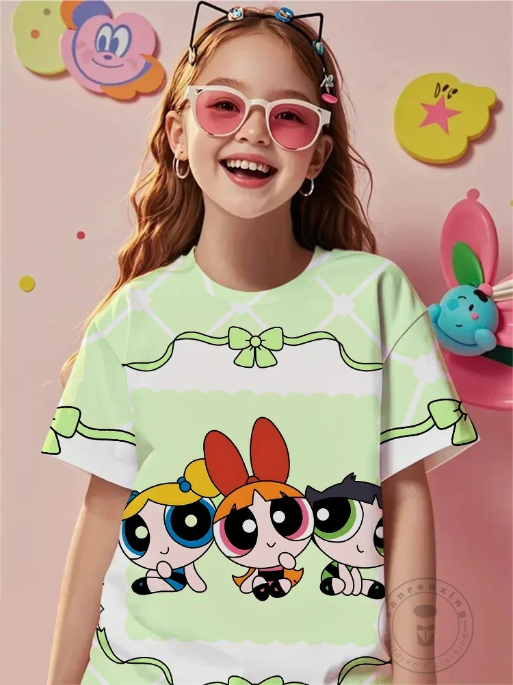 

Новая модная тенденция Powerpuff для девочек, футболка с 3D принтом, летний топ с короткими рукавами и круглым вырезом для детей, милый мультяшный уличный топ