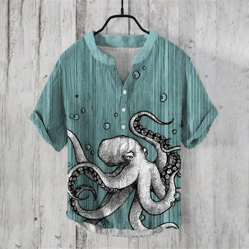 2024 Summer Japanese Art Print Retro Shirt Men\'s Casual Button Short Sleeve V-neck Men\'s T-shirt Top Shirt Clothing