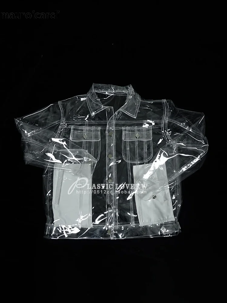 Mauroicardi Cool Waterproof Transport PVC Faux Leather Jacket Men Pockets Luxury Designer Clothes 2023 Runway European Fashion