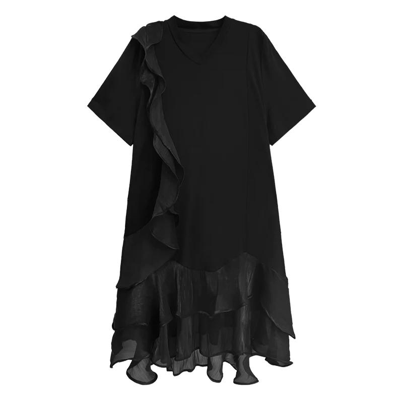 SuperAen สไตล์เกาหลี Niche Design เชื้อราขอบชุดผู้หญิง 2025 ใหม่แฟชั่น Elegant Splicing แขนเสื้อยืดชุด