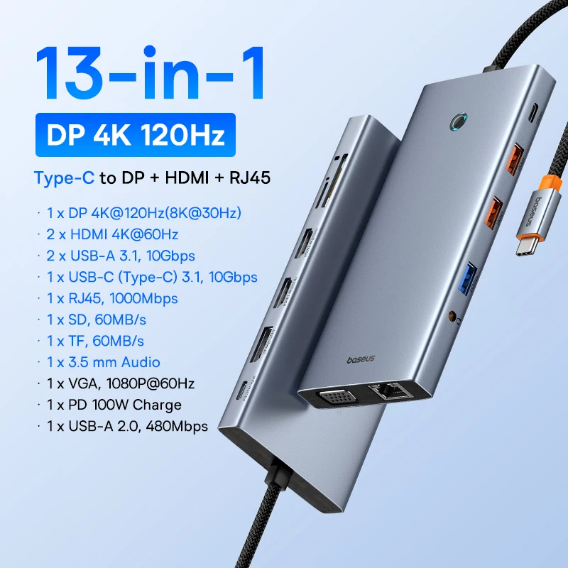 Baseus USB C Hub Type C vers HDMI USB HUB adaptateur 13-en-1 DP 4K 60Hz 120Hz RJ45 VGA convertisseur PD 100W USB A 3.1 2.0 pour Macbook PC 3