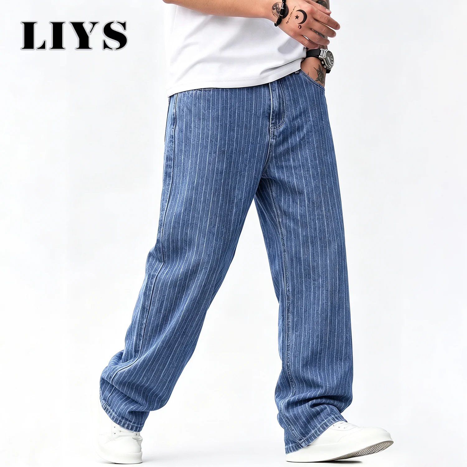 LIYS Men Vertical Thin Stripe Jacquard Baggy Denim Pants Classic Blue Loose Wide Leg Straight Leg Vintage Washed Jeans ﻿