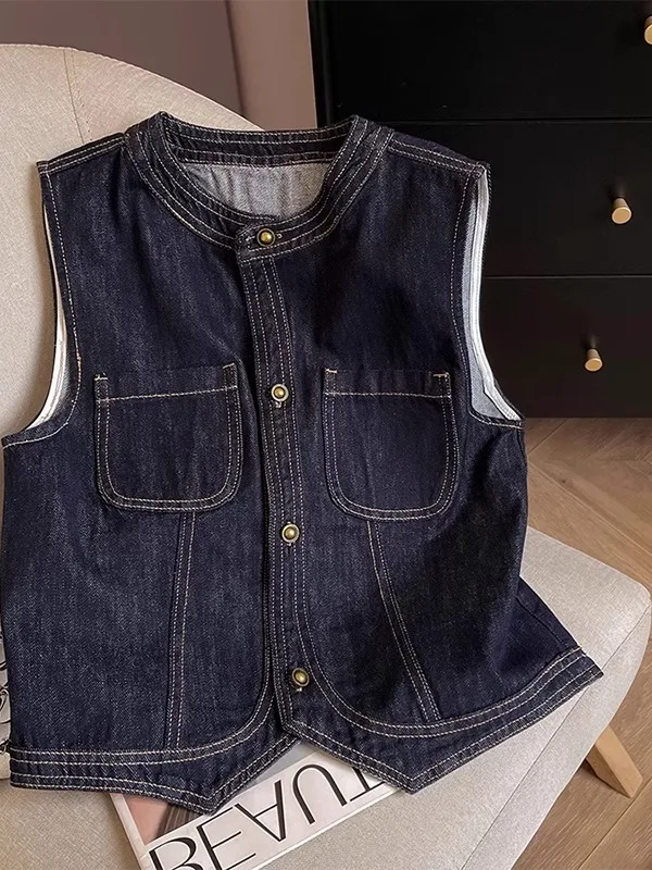 

Джинсовый жилет для похудения в стиле ретро, женский многослойный инструмент Faion с маленьким золотым синим цветком, повседневные поездки на работу, обычная посадка