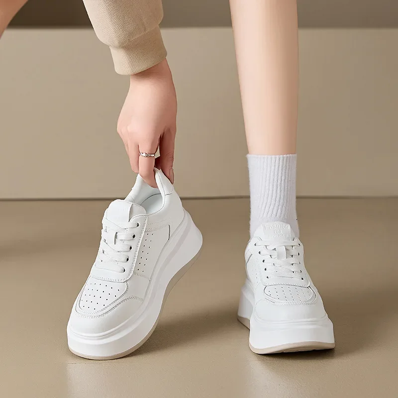 Fujin sepatu kets kulit asli serat mikro wanita, sepatu sneakers tebal musim semi musim gugur untuk wanita