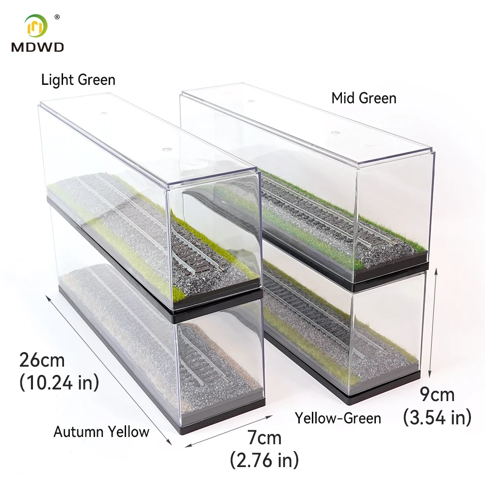 HO Scale 1:87 Train Model Display Case, Clear Acrylic Storage Box with Ballast Grass Track Base for Locomotive Collectible
