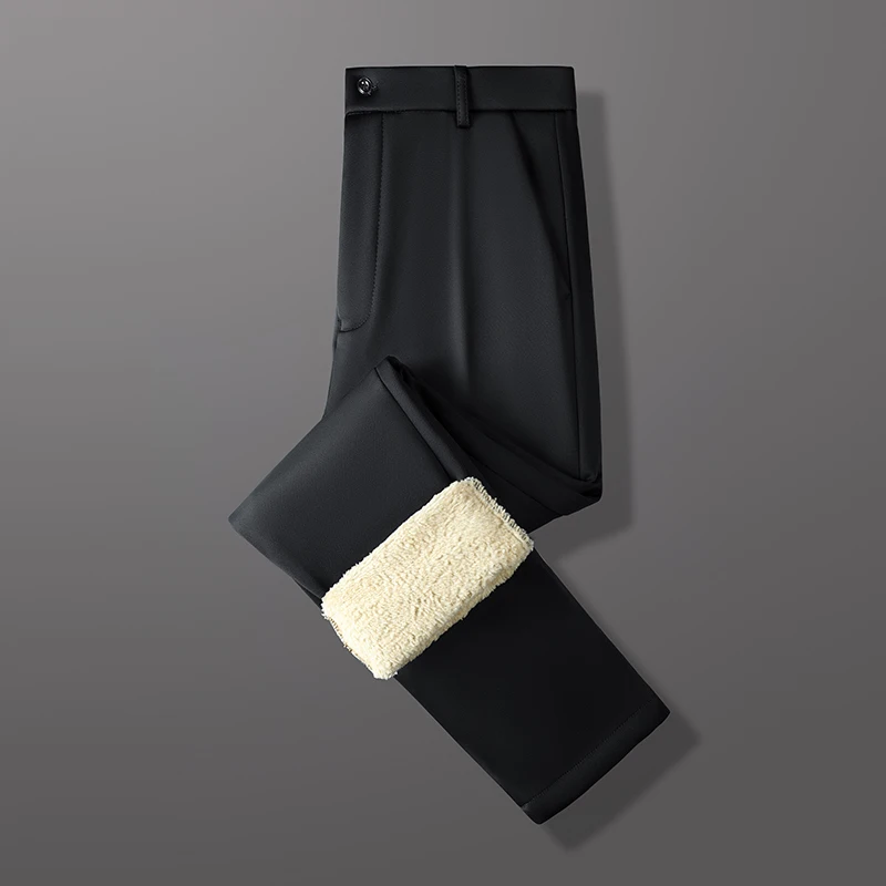 Herren Einfarbige Gerade Lange Winter-Anzughose Vollständig Lammfell-Futter Knitterfrei Thermisch Superwarm Kalte Jahreszeit Büro Formelle Hose – Detail 14