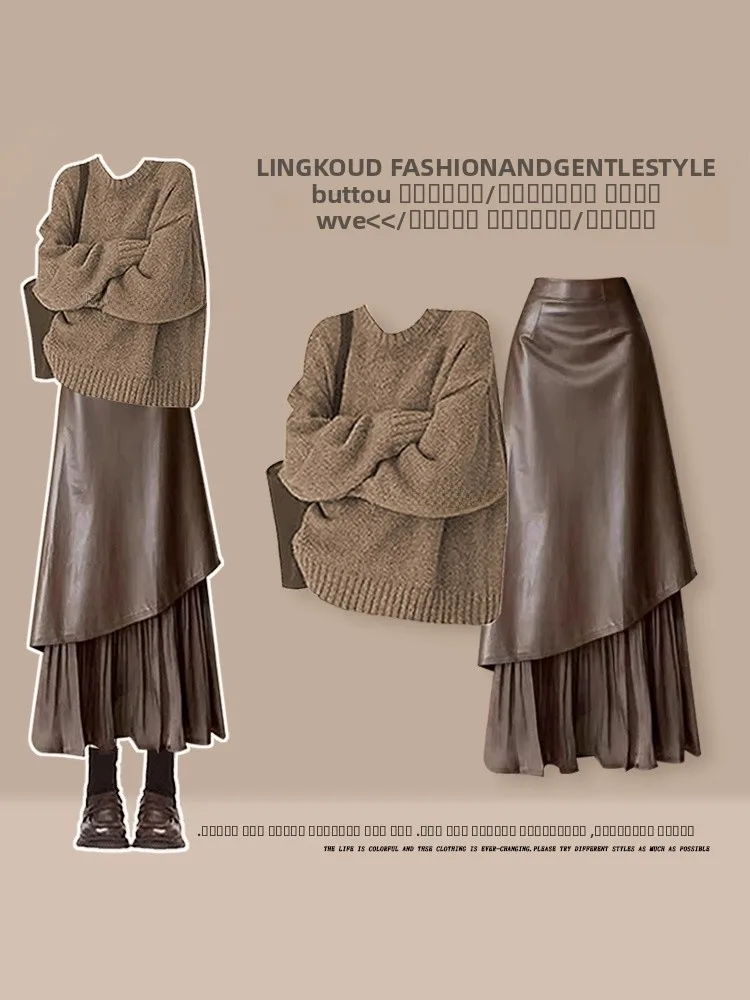 

Elegant plus Size Knitted Set Women's Soft Cute Sweater And Skirt Two Piece Suit Autumn Winter Casual Fashion Ensemble