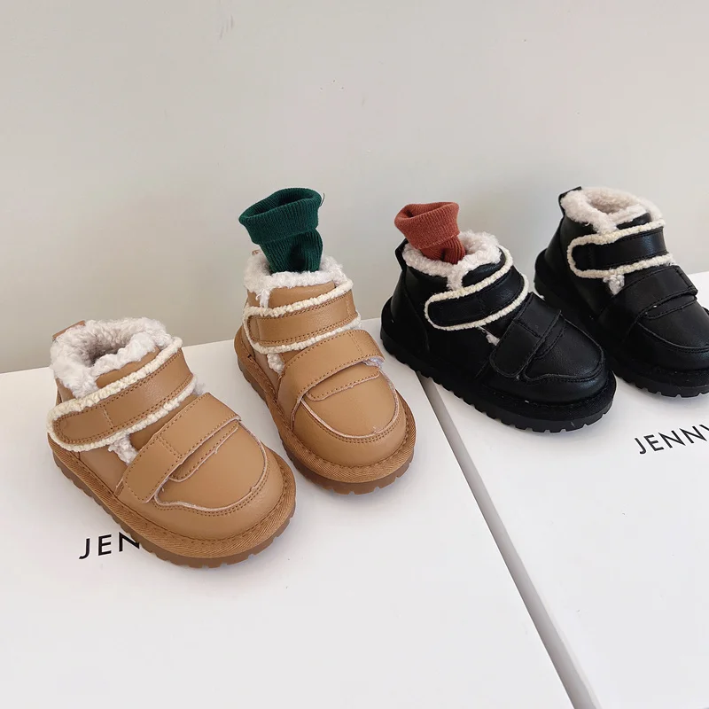 2022 New Winter Children Boots Leather Warm Plush Toddler Boys Shoes Double Hook&Loop Fashion Baby Girls Boots EU 21-25