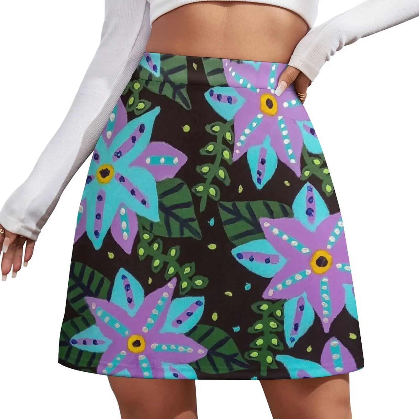 

Colorful Flowers in Blue and Purple Mini Skirt summer clothes Skirt shorts rave outfits for women