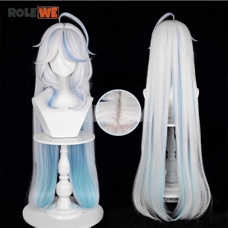 Focalors-Peruca Longa Furina Cosplay para Mulheres, Perucas Encaracoladas, Azul e Branco, Cabelo Resistente ao Calor, Boné Anime