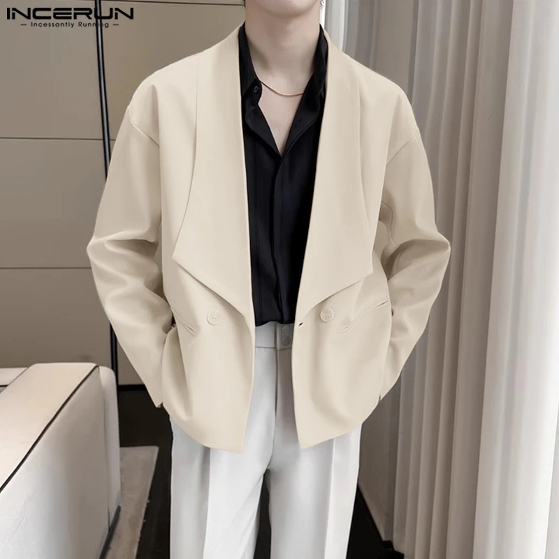 

INCERUN Tops 2025 Korean Style Fashion Men Solid Large Lapel Design Suit Coats Casual Personality Male Strap Long Sleeved Blazer