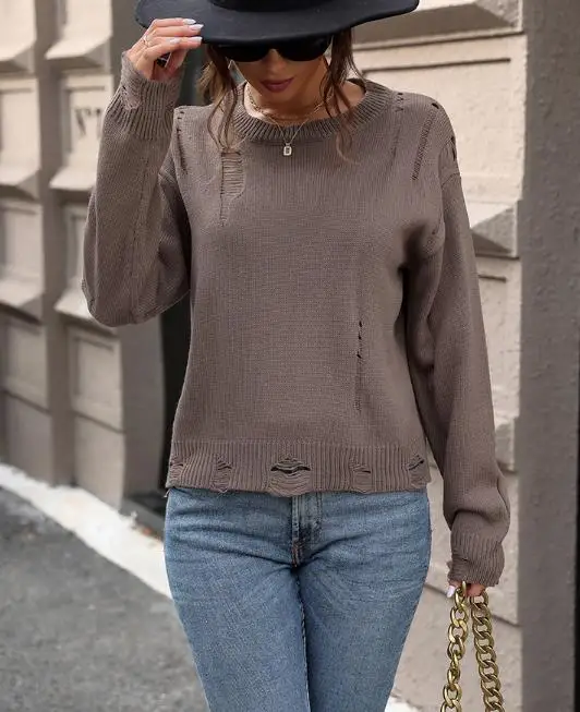 เสื้อสเวตเตอร์ผู้หญิงลำลอง สไตล์วินเทจฤดูใบไม้ร่วง สีพื้น คอกลม ดีไซน์เจาะรู เสื้อถักแขนยาว