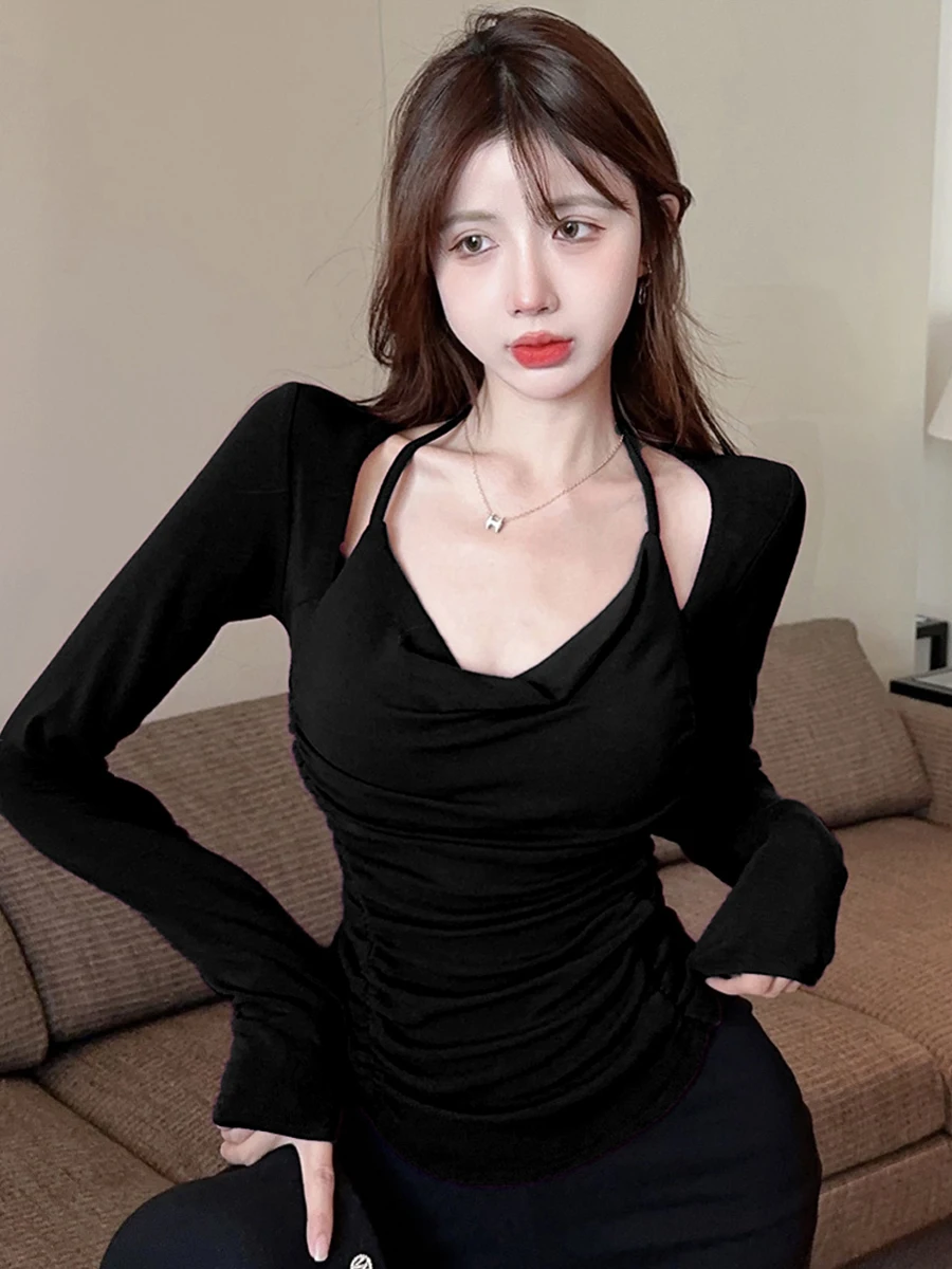 

Футболка Pure Desire Sle Long Sve Ne Hanging Pleated Slim Fit в Корейском стиле, сексуальный топ из двух предметов для женщин