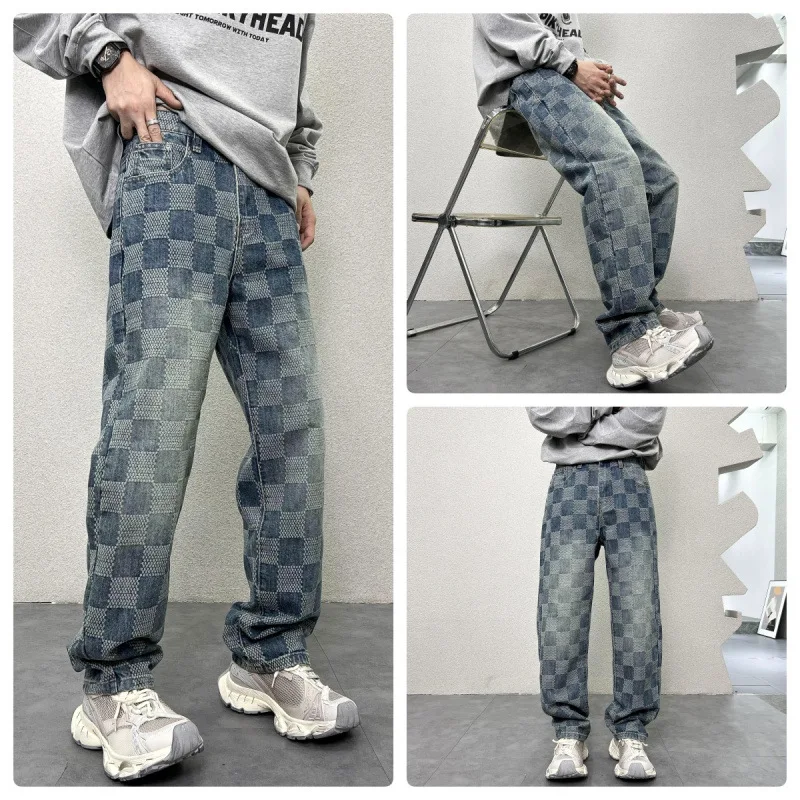 

Straight Men Ankle Length Pants Washed Jean High Waist Jeans Plaid Zipper Fly Spliced Loose Autumn 2025 Vintage Pockets