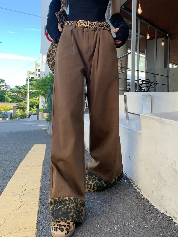 

Amrican Retro Y2K Baggy Spliced Leopard Jeans Mujer2000s Autumn Winter Casual Brown Vintage Cuffs Denim Wide Jean Calça Feminina