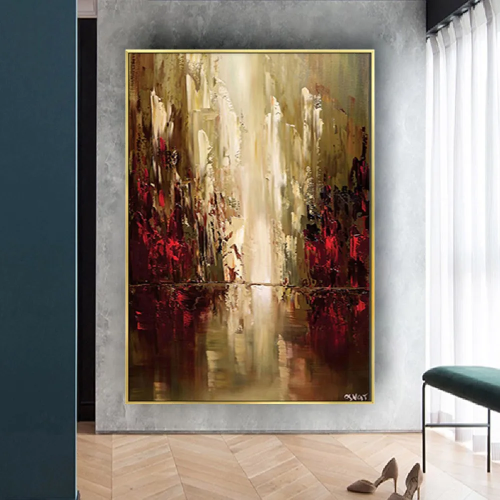 

Abstract Art Modern Hand-Painted Oil Painting On Canvas Gold And Red Thick Textured City Building Wall Picture Decor Living Room