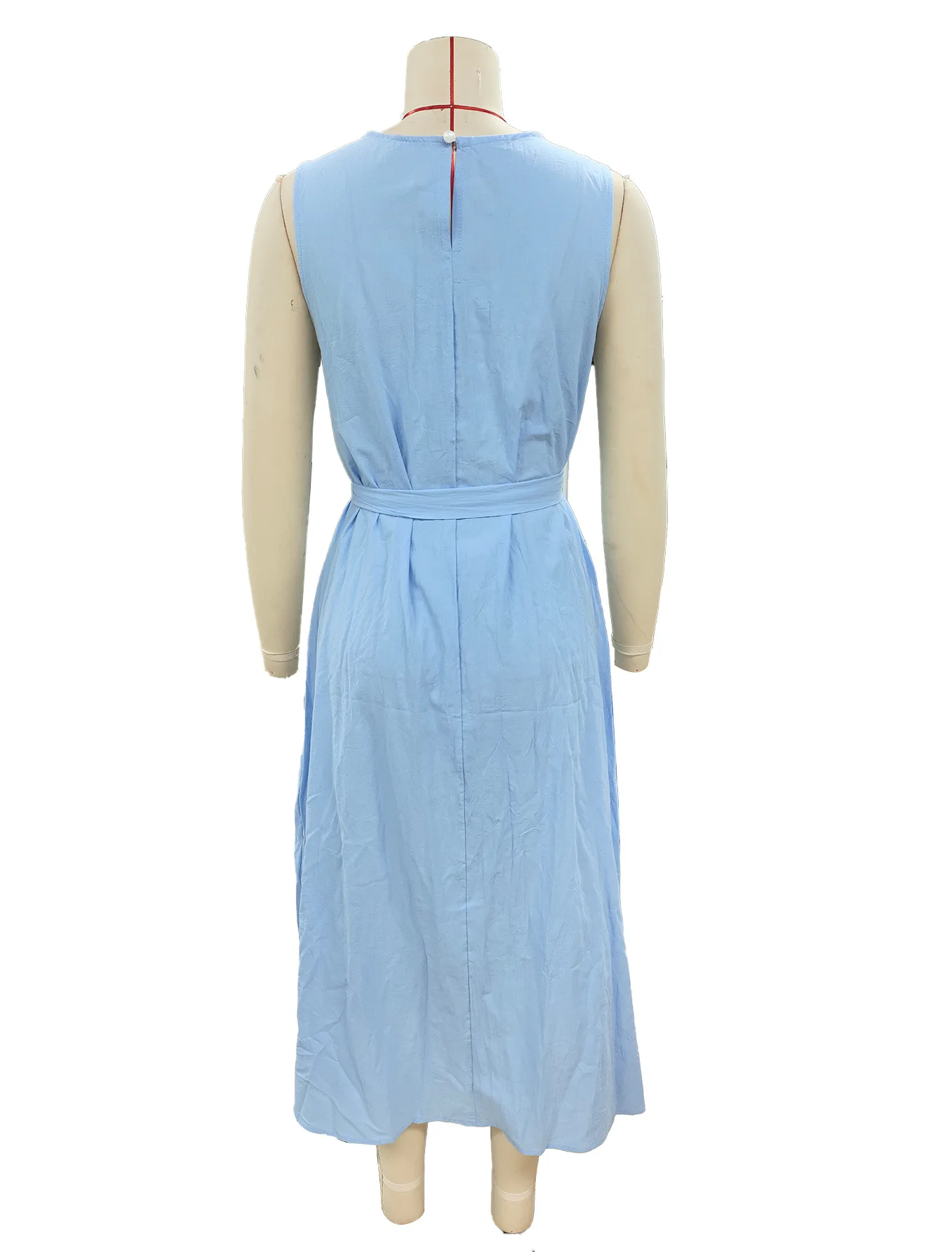 Nova moda casual sem mangas o pescoço cor sólida fino ajuste rendas flare e ajuste vestido de meia panturrilha