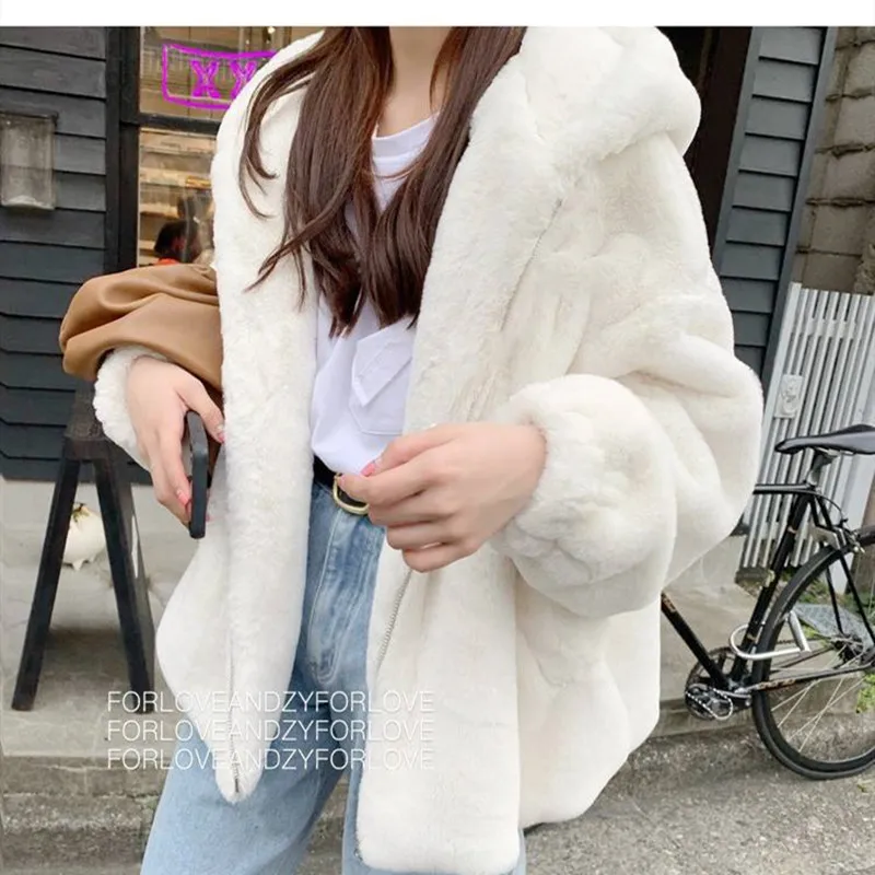 Volalo 2024 moda casaco de pele do falso inverno feminino casual com capuz fino manga longa pele de raposa do falso jaqueta de inverno feminino casaco feminino