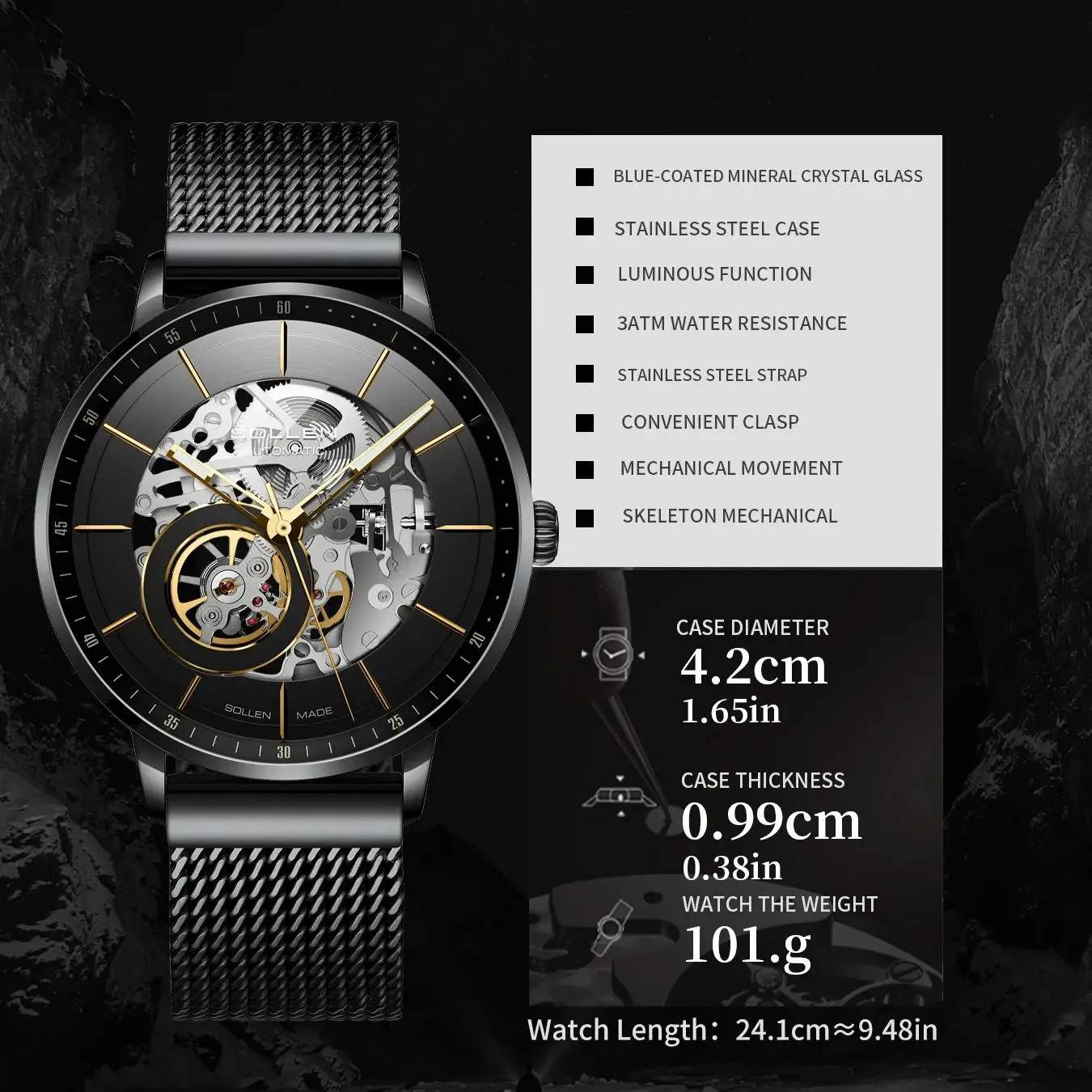 SOLLEN fully automatic mechanical men's watch hollowed out watch all steel mesh with business men's watch