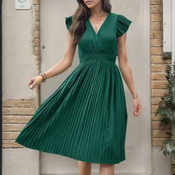 Summer New Minimalist Dress Temu New Women's V-neck Feifei Short Sleeved High Waisted Pleated Skirt Solid Color Mid Length Skirt