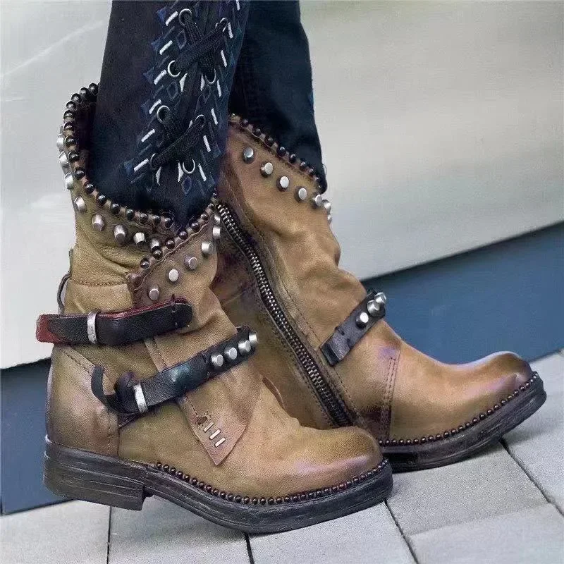 Rivet Daily Solid Color Ankle Boots Round Toe Chunky Heel Belt Buckle Punk Fashion Boots Zipper Closure Retro Shoes 2024 Autumn