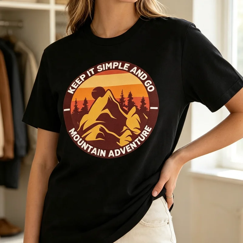 Mountain Adventure T‑Shirt Keep It Simple and Go Graphic Tee Men Women Vintage Outdoor Hiking Camping Nature‑themed Apparel Top