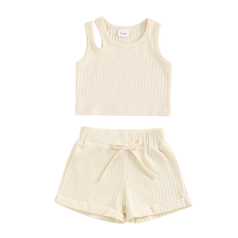 Baby Girls Ribbed Shorts One Shoulder Double Straps Sleeveless Round Neck Tops Elastic Waistband Bow Drawstring Shorts Outfits