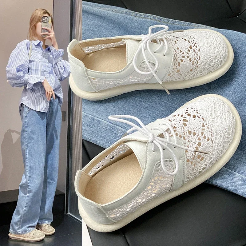 

2025 Artistic Cotton Linen Lace Mesh Women's Shoes Summer Beach Shoes Bohemian Single Small White Shoe Chaussure Femme Female