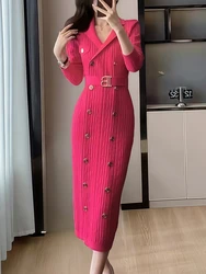 2025 New Spring Autumn Fashion Geometric Jacquard Knitted Dress Women Suit Collar Long Sleeve Double Breasted Belt Sweater Dress