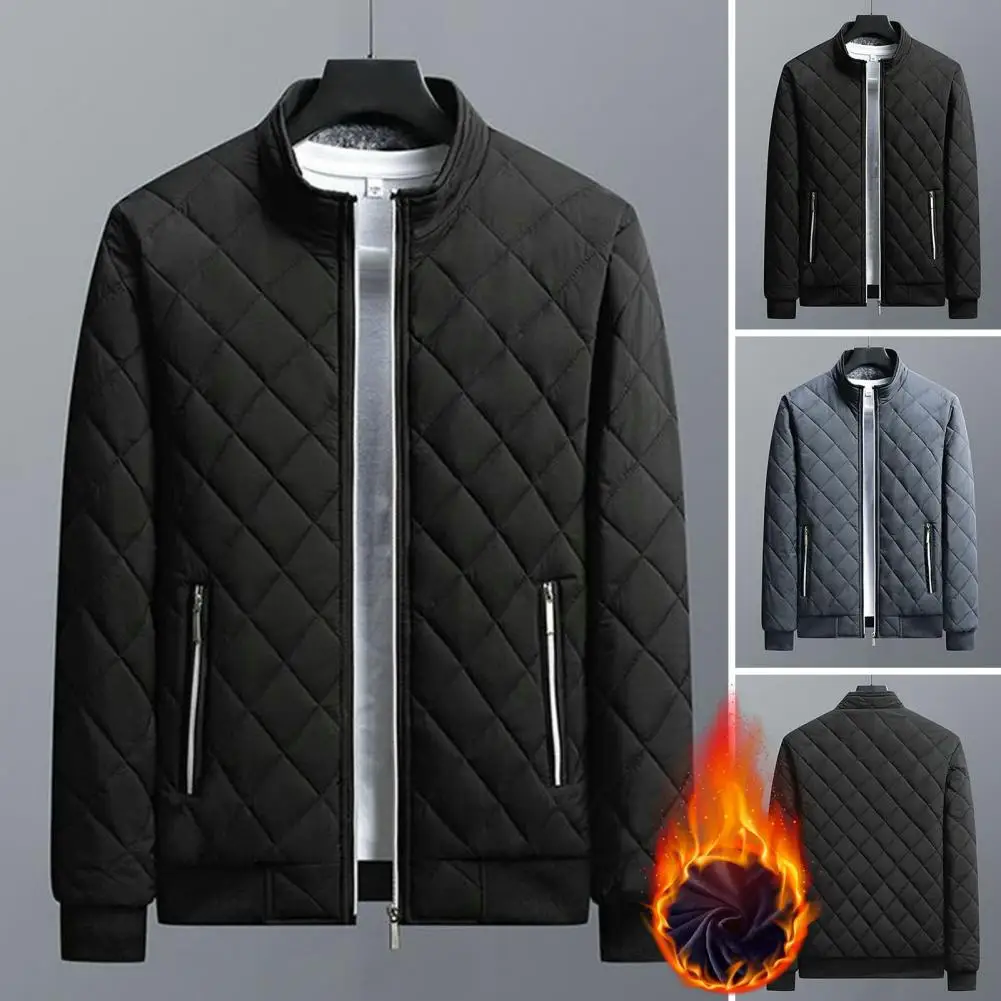 

Thickening Men Coat Winter Jacket for Men Stylish Plaid Texture Warm Fleece Lining Pockets Ideal Outwear Solid Color Men Coat