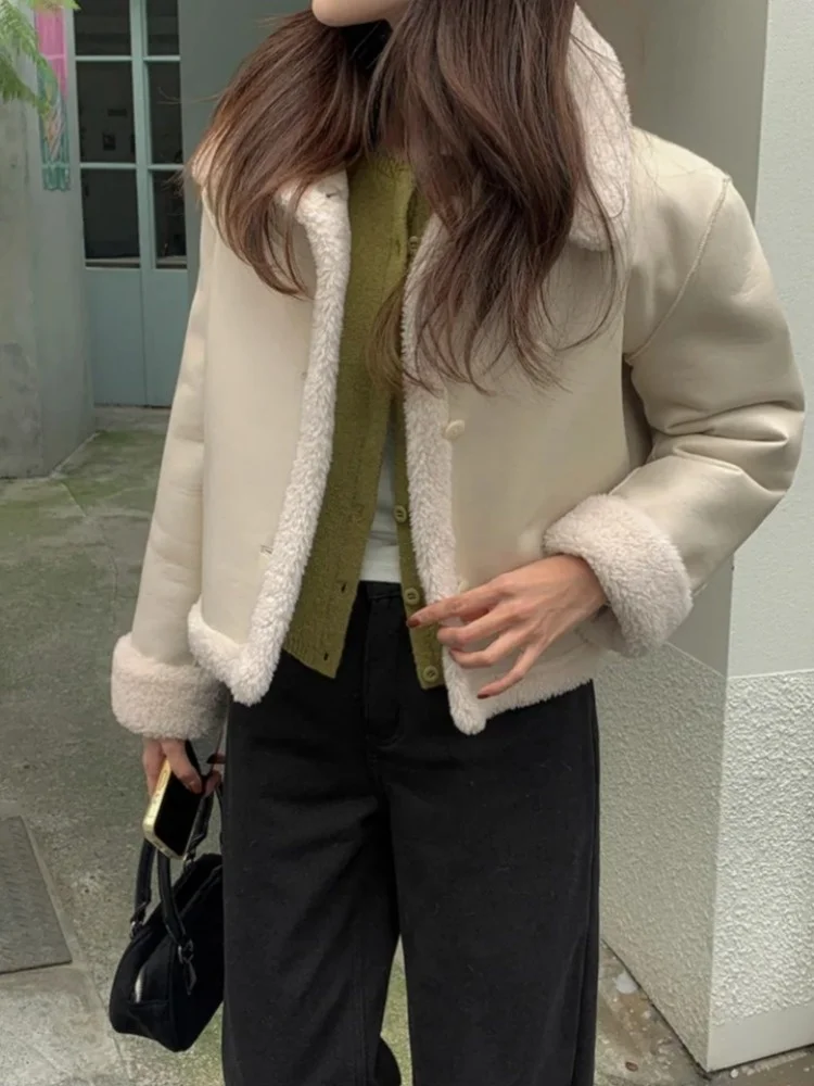 ريترو طوق بولي Leather الجلود Jaet المرأة الشتاء على الوجهين ارتداء فرو الضأن ort أعلى لصق Sle الكورية Faion ملابس خارجية