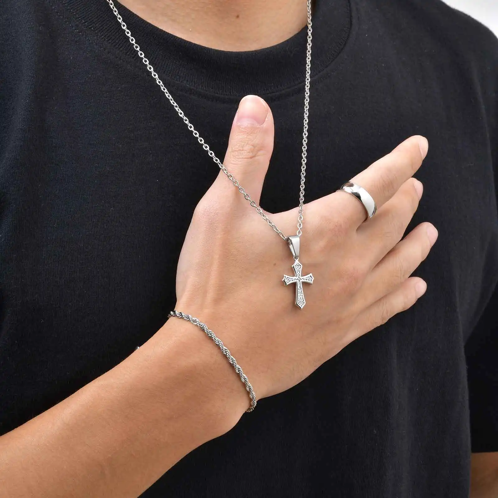 

Vnox Men's 3pcs/Set Fashion Stainless Steel Jewelry Set, Cross Pendant Necklace, Twisted Rope Chain Bracelet, Ring Jewelry Set