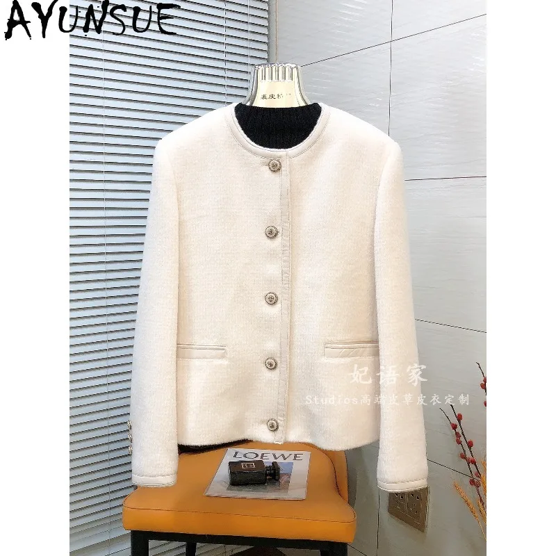 AYUNSUE Women's Woolen Coat Elegant Commuter Jackets for Woman Fashion O-neck Long Sleeve Tops Patchwork Sheepskin Woman Clothes