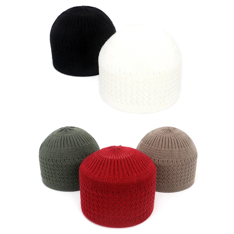 Winter Knitted Muslim Men Prayer Hats Unisex Beanies Cap Warm Islamic Ramadan Jewish Kippah Homme Hat Men's Wrap Head Caps