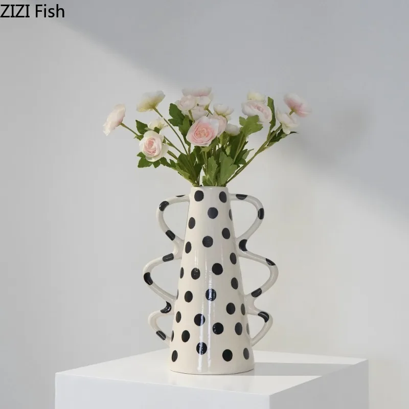 

Wave Point Ceramic Vase Ornament Double Ear Hydroponic Vase Dried Flower Vases Flower Arrangement Decorative Vases Crafts