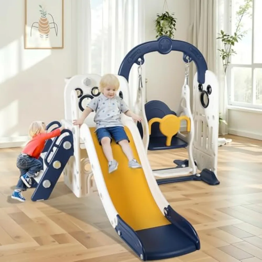 

7 in 1 Toddler Slide and Swing Set Freestanding Large Climber Playset with Basketball Hoop Storage Space Baby Indoor Outdoor Pl