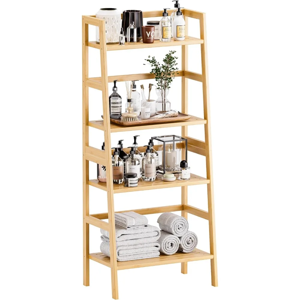 Ladder Shelf, 4-Tier Bookshelf, Bamboo Leaning Bookcase, Display Storage Rack Organizer, Freestanding Flower Plant Stand for Li