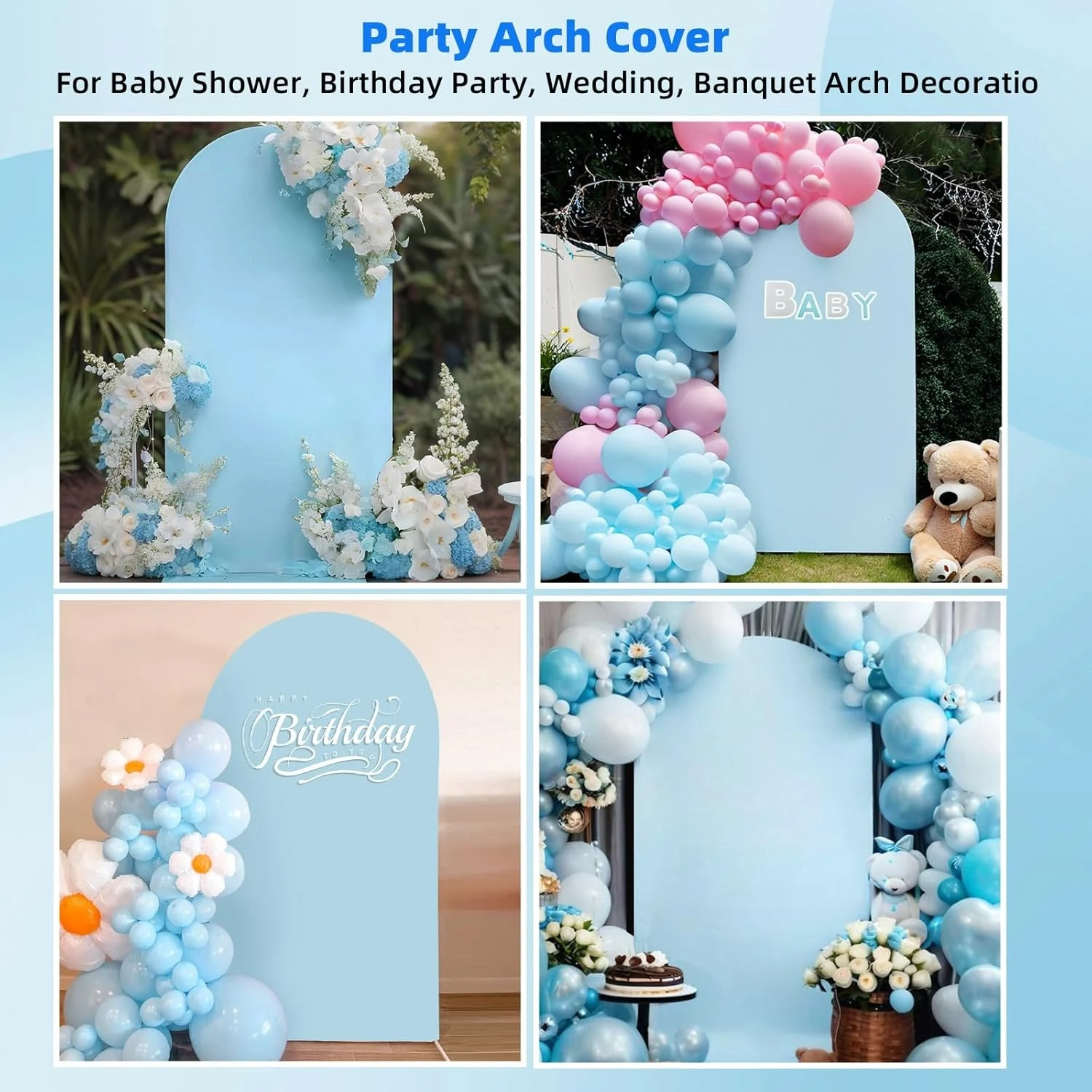 غطاء خلفية على شكل قوس من الألياف اللدنة الزرقاء مقاس 6.6 × 3.3 قدم قابل للتمدد مناسب للبالون/الزفاف/ديكور أعياد الميلاد، ديكورات كابينة تصوير استحمام الطفل