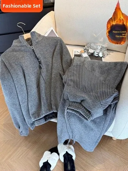 Trendy Thickened Fleece Women's Sportswear Set Casual Loose Fit Hoodie And Pants High Waist Trousers Drawstring Design Winter...