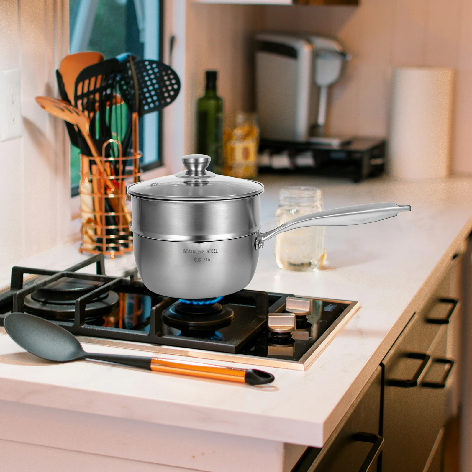 

1Set Saucepan with Steamer Stainless Steel Small Pot Ergonomic Handle Cooking Kitchen Stew Soup Pot Wear Resistant