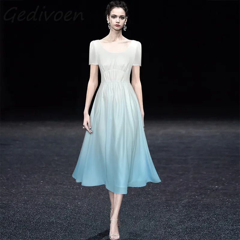 

Gedivoen Summer Fashion Designer Vintage Gradient Dress Women's O-Neck Gathered Waist Ruched Party Temperament Slim Midi Dress