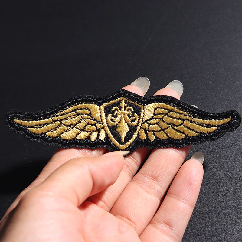 Wholesale Golden wing size: 10.9X3.1CM Embroidery Patches for Clothing Tactical Morale Army Logo Iron on Clothes Badge Appliques