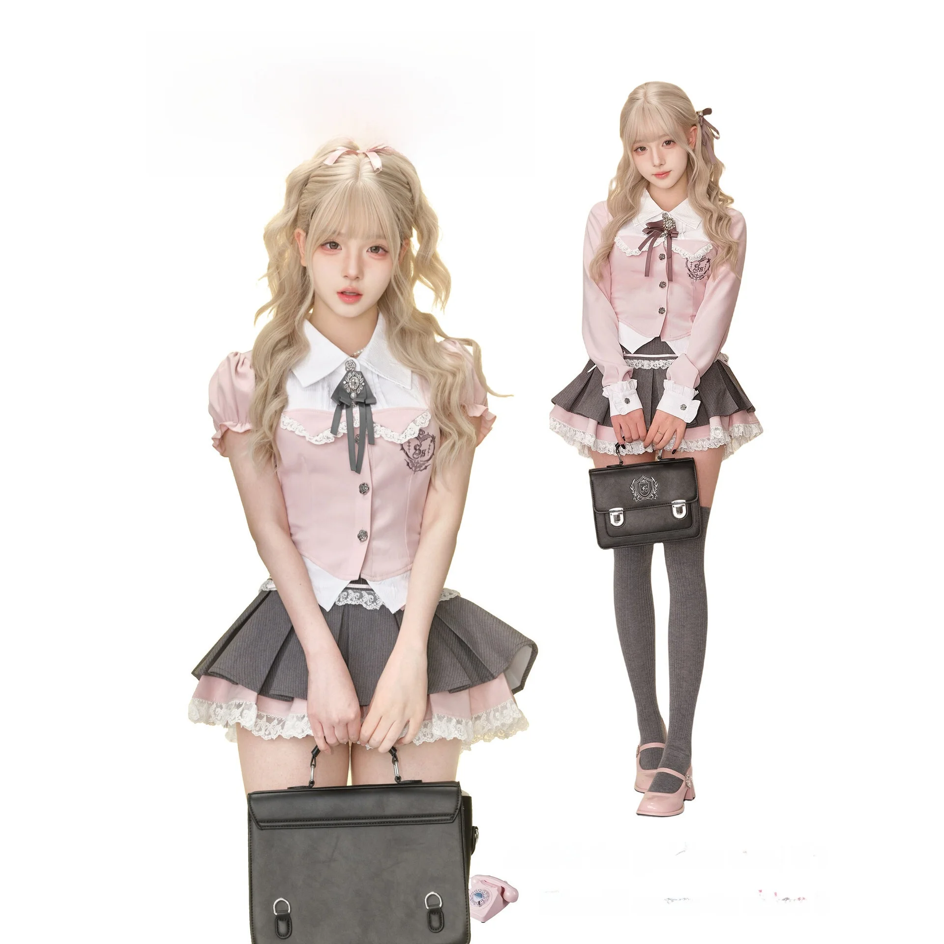 Pink Grey Sweet School Girl Style JK Set High Waist Pleated Skirt Fake Two-Piece Blouse Spring Summer Fashion Ensemble